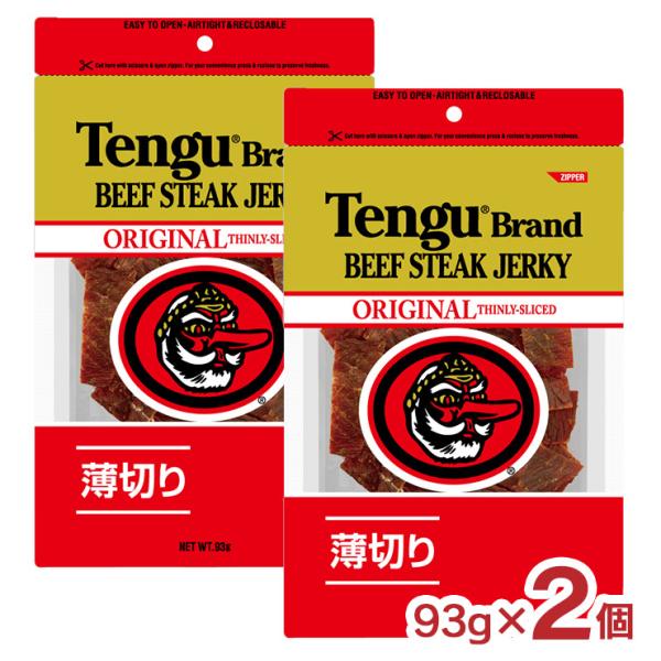 肉の旨味を極めたトップブランド商品説明名称：テング ビーフステーキジャーキー オリジナル 薄切りタイプ 93g内容量：93g×2個総容量：186g原材料：牛肉原産国：日本賞味期限：製造日より270日商品コメント：厳選されたステーキ用牛もも肉...