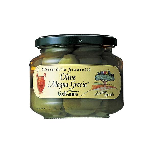 厳選した大粒のグリーンオリーブを塩水漬けにしました。ジューシーな果肉の旨みと歯ごたえをお楽しみください。商品名：チェルサヌス　グリーンオリーブ・ジャイアント　３６０ｇ　瓶【ラッピング不可】【ギフトBOX不可】