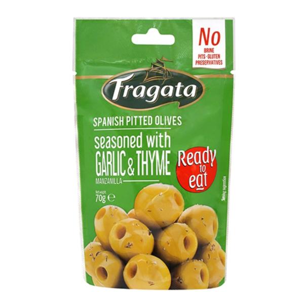 種なしグリーンオリーブにガーリックとハーブでアクセントをつけました。おつまみに最適なサイズのパウチパック。スパークリングワイン、白ワインと一緒にどうぞ♪商品名：フラガタ　グリーンオリーブ（ガーリック＆タイム）【常温配送でＯＫ】【ワインとの同...