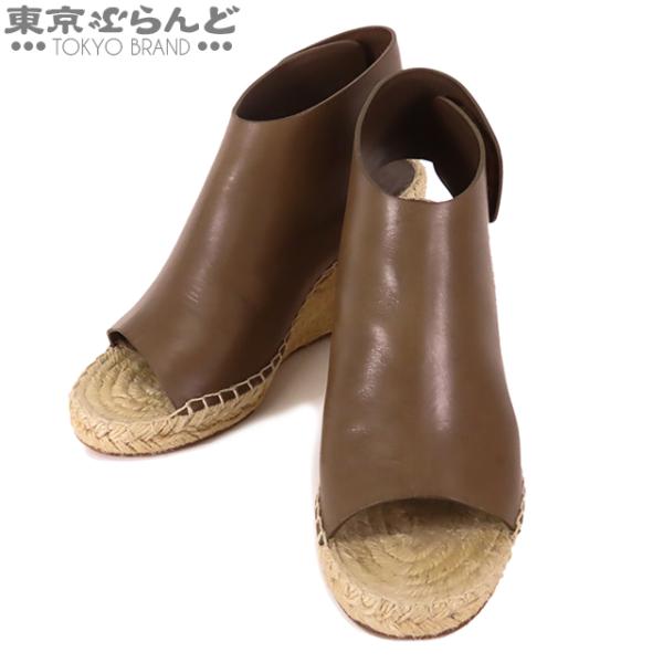 CELINE セリーヌ カーキxナチュラル レザー 麻 ウェッジソール CELINE セリーヌ カーキxナチュラル レザー 麻 ウェッジソール