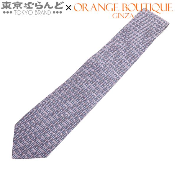 【エルメス】ホースシュー柄 ネクタイ HERMES エルメス ネクタイ ブルーxピンク シルク ホースシュー