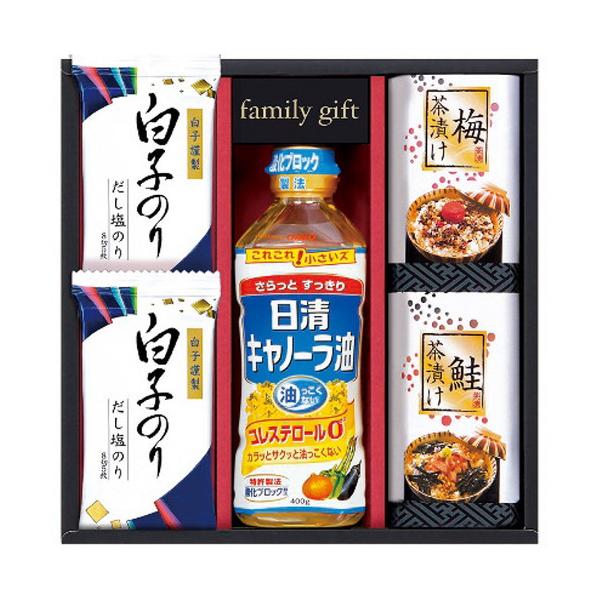 毎日の料理に使える手軽で便利な調味料とご飯のお供のセットです。■白子だし塩のり(8切5枚)2袋・梅茶漬け(4.3g×2袋)・鮭茶漬け(4.7g×2袋)各1個・日清キャノーラ油400g×1本■箱サイズ:25.5×25×7cm【用途】引出物 結...