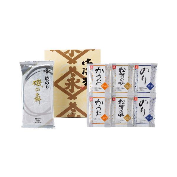 国産風味豊かな焼海苔と海苔茶漬け、かつおふりかけ、松茸の味吸い物の選りすぐりのお詰合せです。■焼海苔(2切5枚)×1、海苔茶漬(6g)・かつおふりかけ(4.8g)・松茸の味吸い物(3.3g)×各2■箱サイズ:約250×206×35mm【用途...