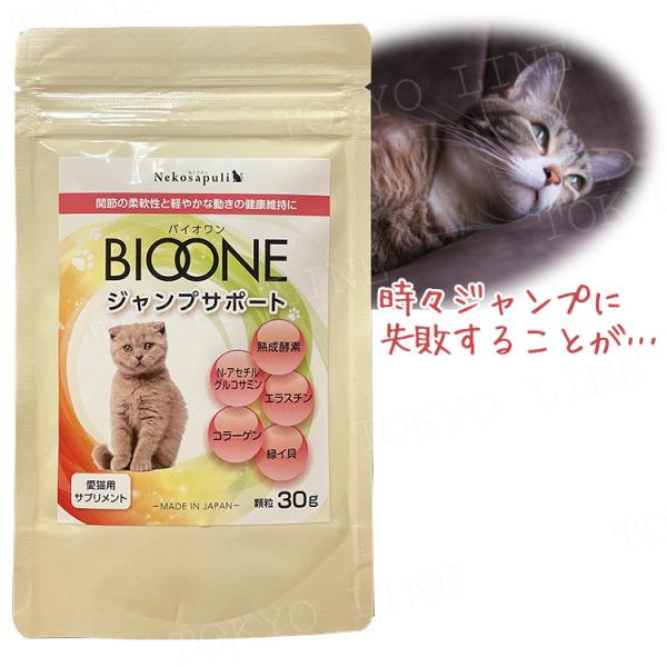 ●商品特徴”愛猫とずっと一緒に健康に過ごしたい”という声から、バイオワンのシリーズに「ねこさぷり・ジャンプサポート」が誕生。蟹【N-アセチルグルコサミン】×魚【エラスチン】×魚【コラーゲン】×緑イ貝【オメガ３系脂肪酸】×植物性発酵エキス【熟...