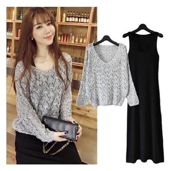 セットアップ マキシ丈ワンピース レディース  きれいめ 2点セット 長袖ブラウス 無地 着痩せ ニット春秋▼素材：ポリエステル 綿▼サイズ：（単位：cm）トップス着丈：55 バスト：134ワンピース着丈：110 バスト：80-105▼注意...