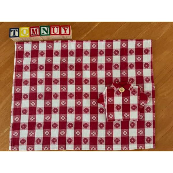 大人気のビストロチェックの生地を使ったランチョンマットです。カラーは食卓をパッと華やかにする赤で、退色はありません。シミやホツレのある部分を除いて作ったハンドメイド品となります。マット１枚につき共布で作ったシャツ型コースターを１個セットにし...