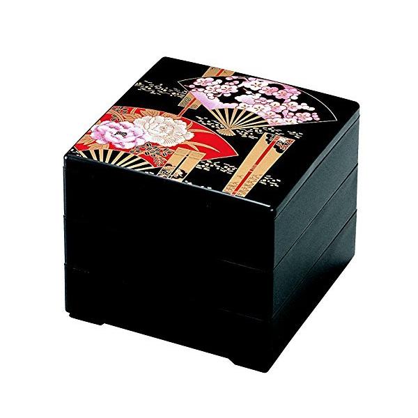 若泉漆器 3段重箱 6.5寸重 黒 扇牡丹(内黒) H-154-7-A