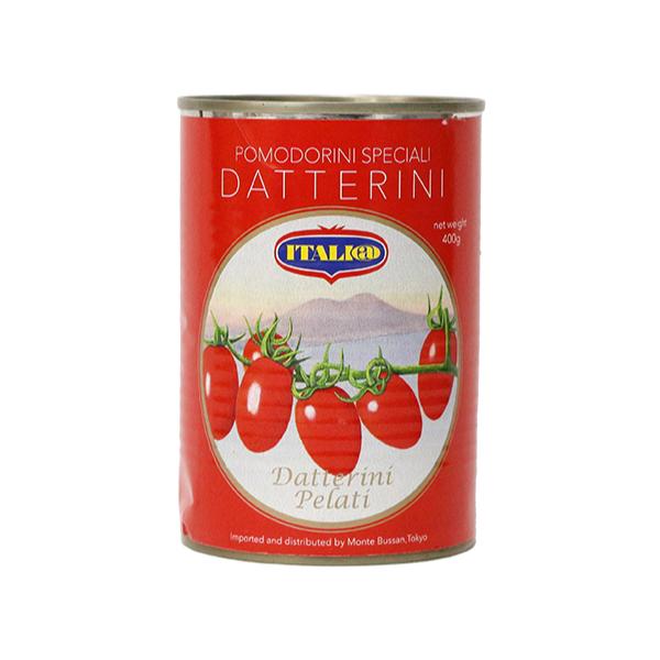缶入　固形量240g手摘みで収穫された南イタリア・プーリア産のプチトマト『ダッテリーニ』の皮をむき、トマトジュースと一緒に缶詰にしました。『ダッテリーニ』は縦に長い形で、酸味が少なく、甘味が強いのが特徴です。さまざまなお料理にお使いいただけ...