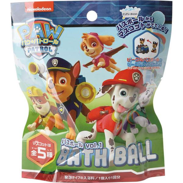 ピュアソーダのかおり。バスボールからマスコットがでてくる！。発泡タイプの入浴料。どのマスコットがでてくるかな？。どれか1つがでてくるよ！。マスコットは全5種。チェイス マーシャル ラブル スカイ エベレスト。表示成分。【成分】炭酸水素Na、...