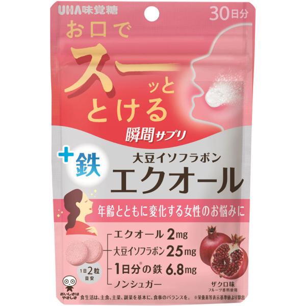 お口でスーッととける。年齢とともに変化する女性のお悩みに。エクオール 2mg。大豆イソフラボン 25mg。1日分※の鉄 6.8mg。ノンシュガー。ザクロ味 フルーツ香料使用。瞬間吸収製法。＋鉄 大豆イソフラボン。年齢とともに変化する女性の健...