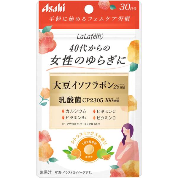 30日分。手軽に始めるフェムケア習慣。40代からの女性のゆらぎに。大豆イソフラボン25mg※1※2。乳酸菌CP2305 100億個※2。カルシウム。ビタミンB2。ビタミンC。ビタミンD。※1 アグリコンとして。※2 2粒当たり。無果汁。ララ...