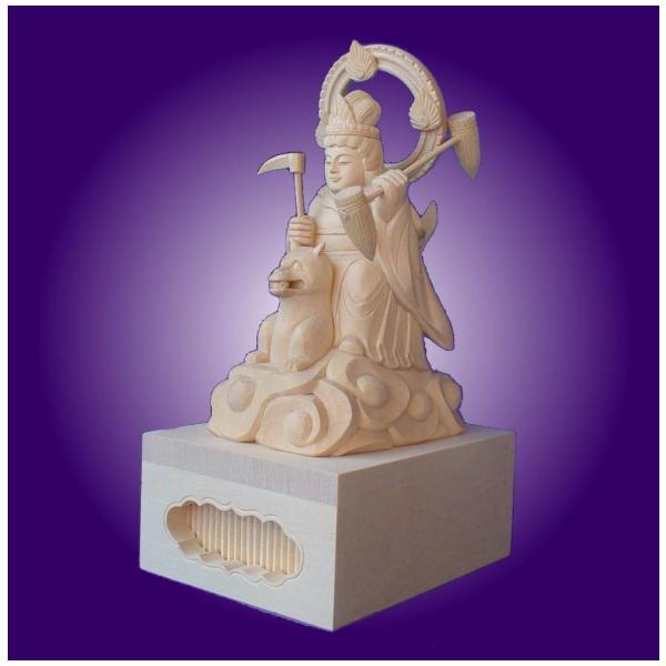木彫仏像/稲荷大明神騎狐像総高19cm桧木 ヒノキ(受注生産） : トモエの