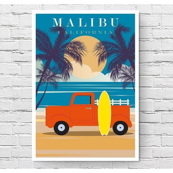 【フレーム付-白-】インテリアポスター アメリカン カリフォルニア イメージアート マリブビーチ MALIBU California A2サイズ(420×594mm) an3