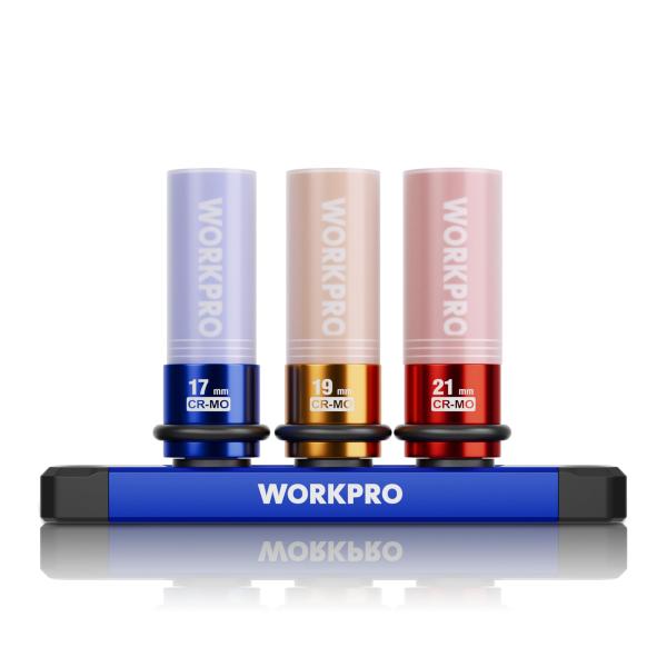 WORKPRO インパクトレンチ ソケット 3本組 インパクト用ホイルナットソケット ホイール用ソケットセット キズ防止プロテクター付き ホルダー付