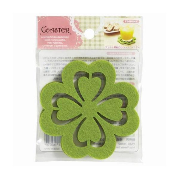 ■特徴フェルト素材のクローバーのかわいいコースター。※洗濯不可■商品スペックサイズ：約8.8×8.8×0.3cm(幅×奥行×厚さ)材質：フェルト（ポリエステル）製造：中国＜おすすめポイント＞フェルト素材 ファブリック かわいい キッチン 雑貨