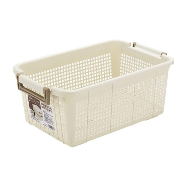 持ち手を内側に倒すと積み重ねができます。※重ねられる目安は3段まで。■商品スペックサイズ：約28×43×17.5cm(幅×奥行×高さ)材質：ポリプロピレン耐荷重：10kg日本製＜おすすめポイント＞収納バスケット 収納カゴ かご