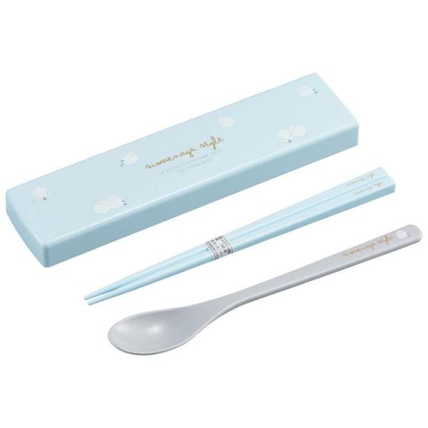 OSK シマエナガ カラトリーセット ブルー 箸 スプーン 約18cm 食洗機対応 抗菌 携帯 日本製 引フタ スライド コンビ オーエスケー CT-27