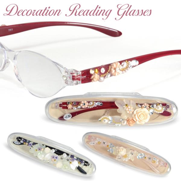ハンドメイドの装飾、おしゃれなリーディンググラス小さな文字を見るのに欠かせないリーディンググラスをお洒落にデコレート。装飾は日本の工房で、1点1点手作業でほどこしています。コンパクトなサイズで持ち運びも便利。美しい花のデコレーションで、持っ...