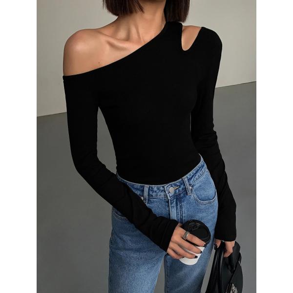 セクシー！ワンショルダーオープンロンT 黒 カットソー Tシャツ 長袖 ロングTシャツ モード カジュアル かっこいい インナー