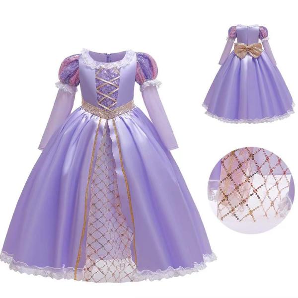 ラプンツェル　長袖　子供 キッズコスチューム ワンピース イベント 舞台服 クリスマス ハロウィン 変装 誕生日 演出 仮装 プレゼント紫リボン長袖