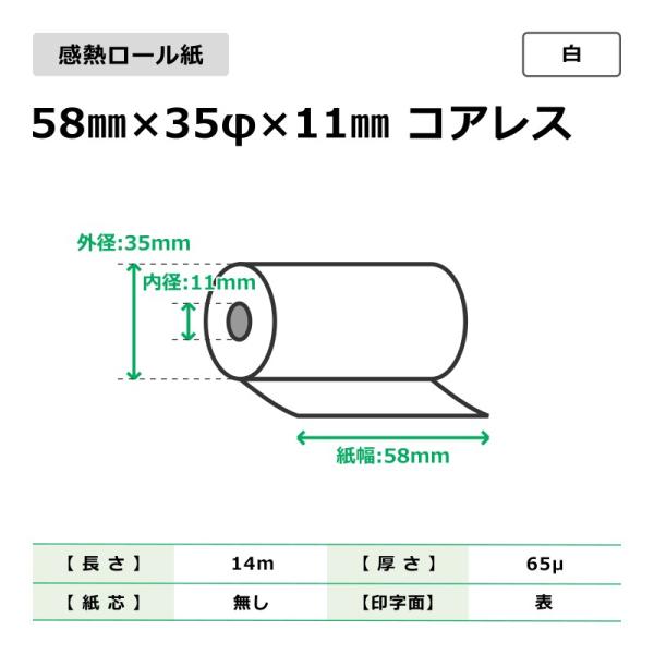 【種別・サイズ】  色：白 ／ 種別：感熱ロール  サイズ：幅58mm × 外径35mm × 内径11mm  長さ：約14m    【仕様】  印字面：表面 ／ 紙厚：65μmm ／ 紙芯：無し  保存性：中保存（約5〜7年保存目安）※保存...