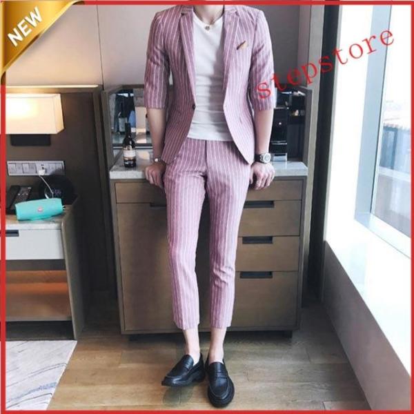 タイムセール】ストライプ 縦縞 メンズ スーツ セットアップ5分