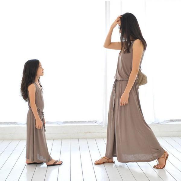 親子ペア ワンピース　子供服無地　チュニック　マキシ丈 ワンピース 女の子 親子服 キッズ 夏 海 ナチュラル ビーチ ワンピース リゾート ハワイ