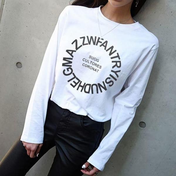 Tシャツ 長袖 レディース ラウンドネック カットソー 女性 英字ロゴ ロンT シンプル かっこいい クルーネック 重ね着 プルオーバー モノトーン