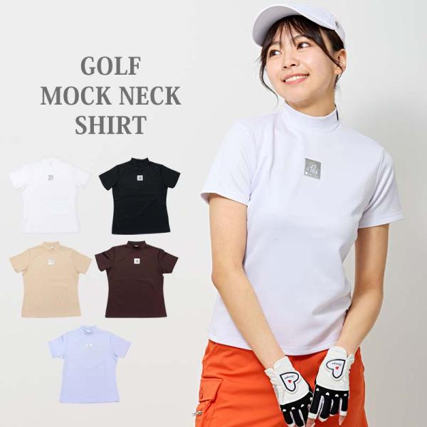 ゴルフウェア レディース モックネック gs GOLF ポロシャツ ハイネック 半袖 ストレッチ 高周波シルバーロゴ トップス 無地 おしゃれ かわいい 韓国系 春夏