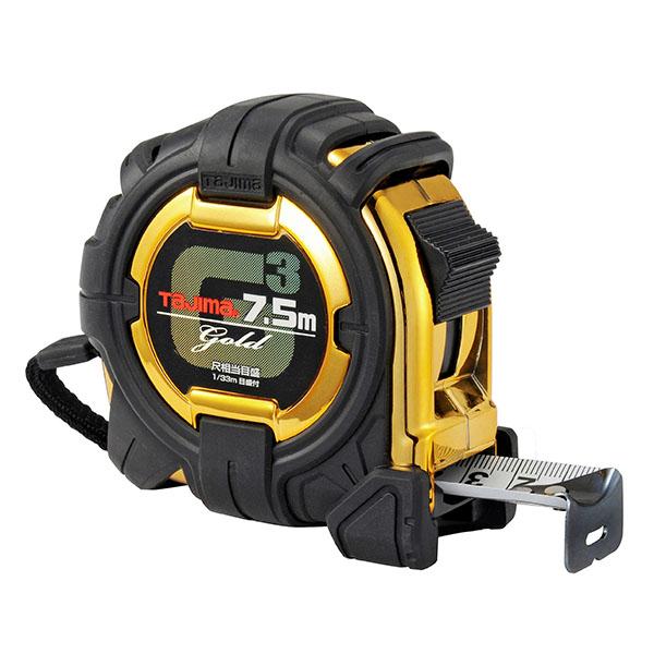 落下時に建材にダメージを与えない、新デザイン弾性樹脂アーマードケース仕様のコンベックスです。落下時の衝撃から爪を守るフックガードバンパー、0点補正移動爪、ショックアブソーバー付きです。■仕様目盛仕様：尺相当目盛テープ幅：25mmテープ長さ：...