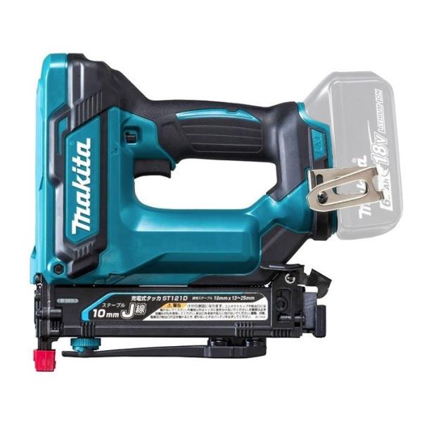 マキタ　18V　充電式タッカ　ST121DZK　本体＋ケース付(バッテリ・充電器別売)　J線ステープル専用/ステープル幅10mm■　標準付属品：ノーズアダプタ・セフティゴーグル・フック・ケース付　　　＊　バッテリー、充電器別売■　J線　幅1...