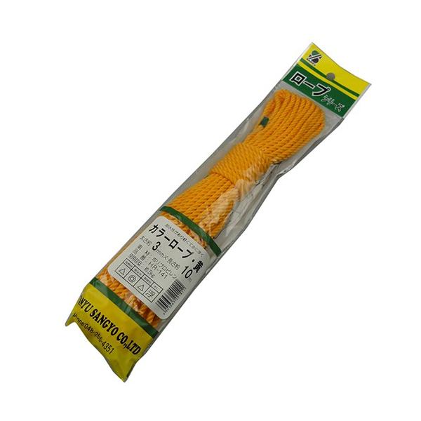 【特徴】耐水性があり軽くて水に浮きます。【用途】荷物の固定・梱包用。【仕様】●サイズ(約)：太さ3mm×長さ10m。●使用目安：約5kg。●色：黄。【材質】●ポリプロピレン。