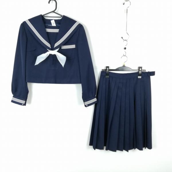 セーラー服 スカート スカーフ 上下3点セット 165A 大きいサイズ カンコー 冬物 白3本線 女子 中学 高校 紺 中古 ランクC EY5829