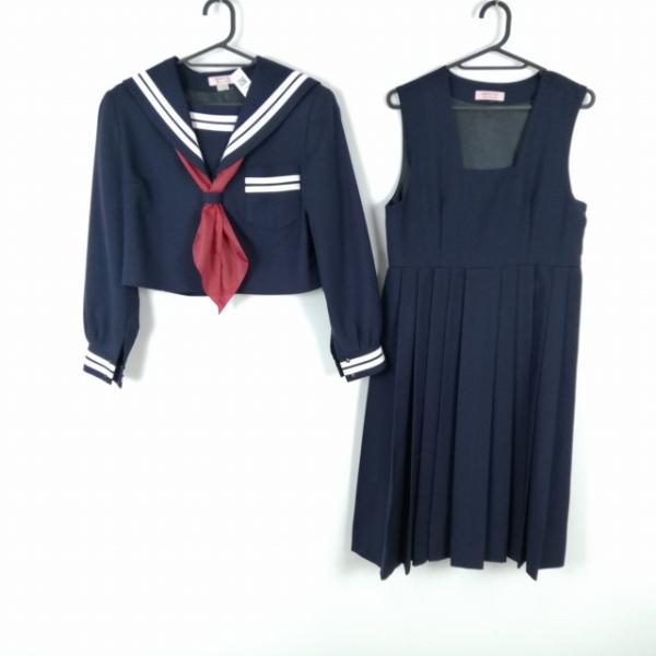 セーラー服 ジャンパースカート スカーフ 上下3点セット 指定 冬物 白2本線 女子 学生服 中学 高校 紺 制服 中古 ランクC EY5832