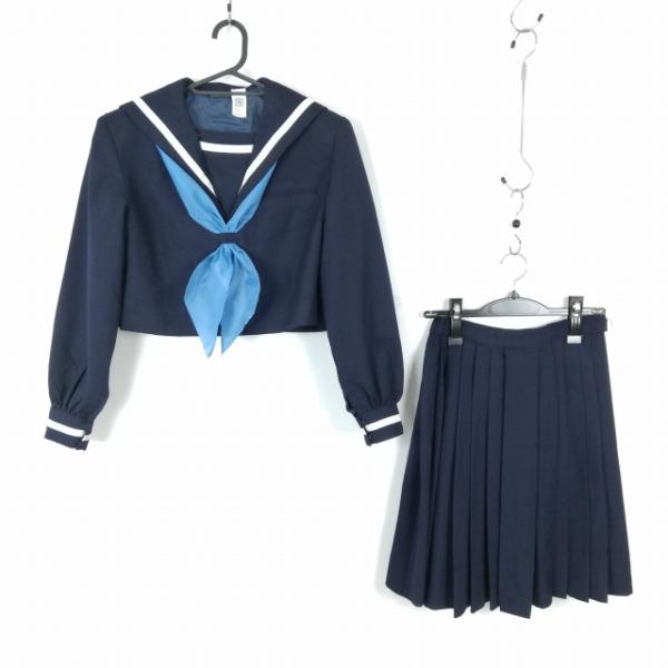 セーラー服 スカート スカーフ 上下3点セット 冬物 白1本線 女子 学生服 中学 高校 紺 制服 中古 ランクC EY6013