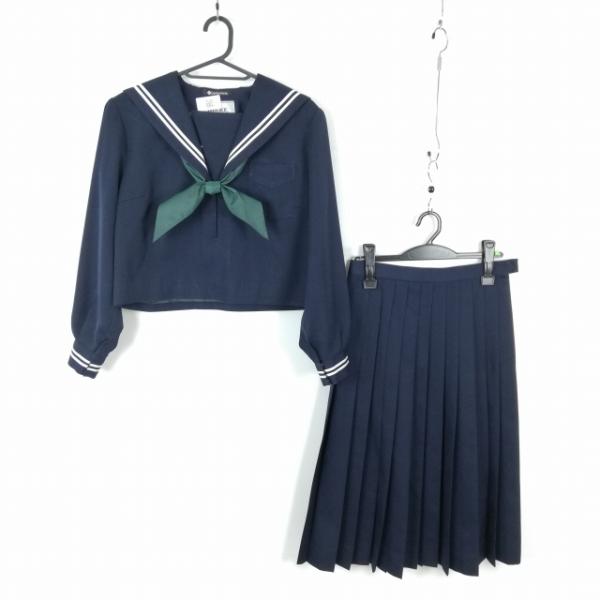 セーラー服 スカート スカーフ 上下3点セット 大きいサイズ 冬物 白2本線 女子 学生服 中学 高校 紺 制服 中古 ランクC EY6027