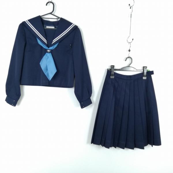 セーラー服 スカート スカーフ 上下3点セット 165A カンコー 冬物 白2本線 女子 学生服 中学 高校 紺 制服 中古 ランクC EY6141