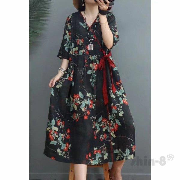 ワンピース レディース ロングワンピース ゆるワンピース ゆったり 切り替え 着痩せ 体型カバー 半袖 森ガール 薄手 大きいサイズ 夏物 おしゃれ 30代 40代 ラッピング不可