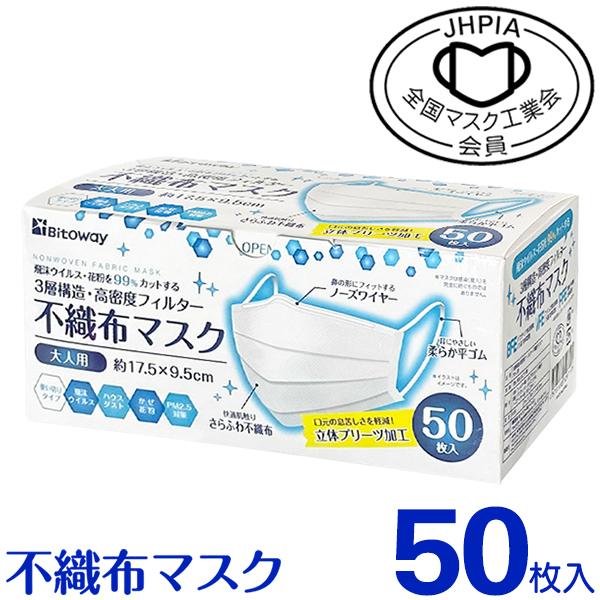 マスク 50枚 箱入り 不織布マスク 大人用 3層構造 高密度フィルター