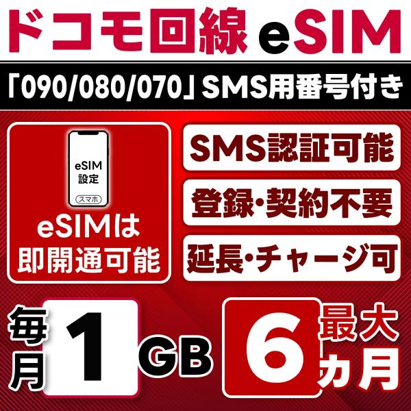 eSIM版【SMS認証可】docomo プリペイド 1GB/月(開通月+5カ月) 最大6カ月 即日開通 SMS受信のみ 4G/LTE データ専用・繰越/延長/チャージ/残量確認 LINEサポート