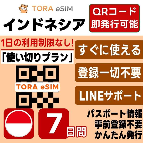 インドネシア eSIM | 7日間 | 10GB 使い切り | 最短15分QRコード自動発行(24時間) | 高速データ SIM 5G/4G 即日発行 テザリング可 日本で設定OK LINEサポート