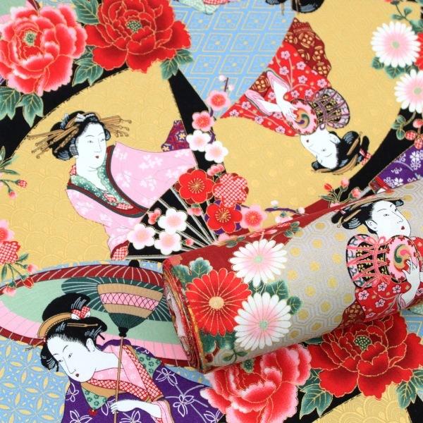 10cm単位価格 浮世絵 写楽 金ラメ 芸子 花 和柄 シーチング 綿100 生地 布 約110cm幅 手芸 ハンドメイド 手作り ゆうパケット2 5ｍ対応 1750 10 とらや Fabric Yahoo 店 通販 Yahoo ショッピング