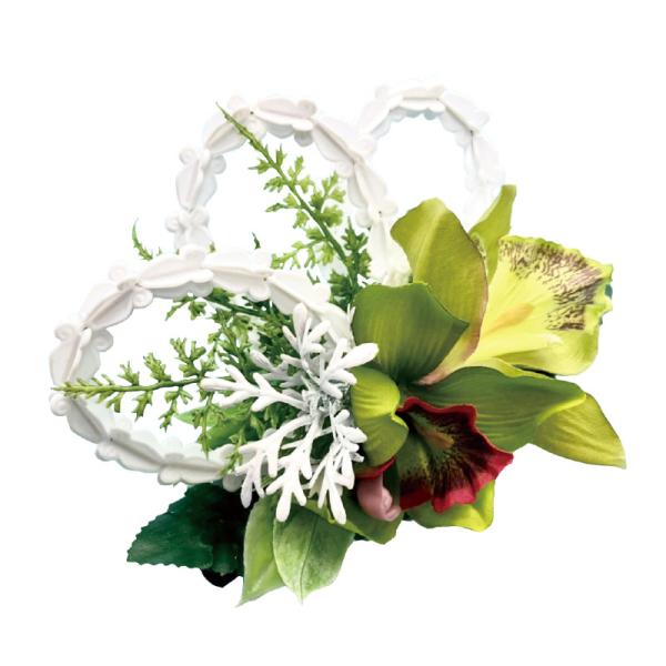 【フラダンス】【髪飾り】【ヘアクリップ】【お仕立て】クイーンシンビジューム＆クラウンフラワークリップシンビジュームとクラウンフラワーをイメージしたレイレースを上下に立体的に組み合わせた華やかなデザイン。サイズ：W18×D10×H12cm素材...