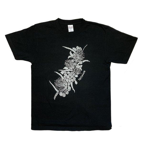 フラダンス　TUTUVI　男女兼用大きめスタンダード半袖Tシャツ 　ハクレイ　ブラック　シルバー　黒　　XL(タグ表示S)　　