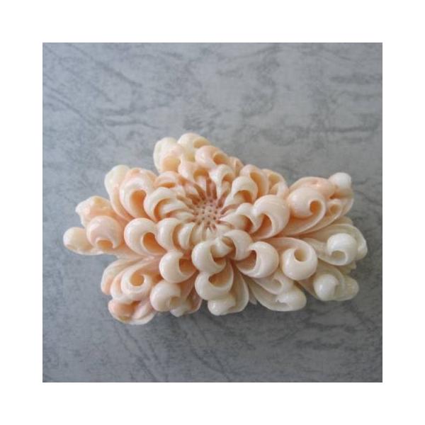 ミッド珊瑚豪華な菊の花の彫りの帯留め兼ブローチ/『宝石さんご