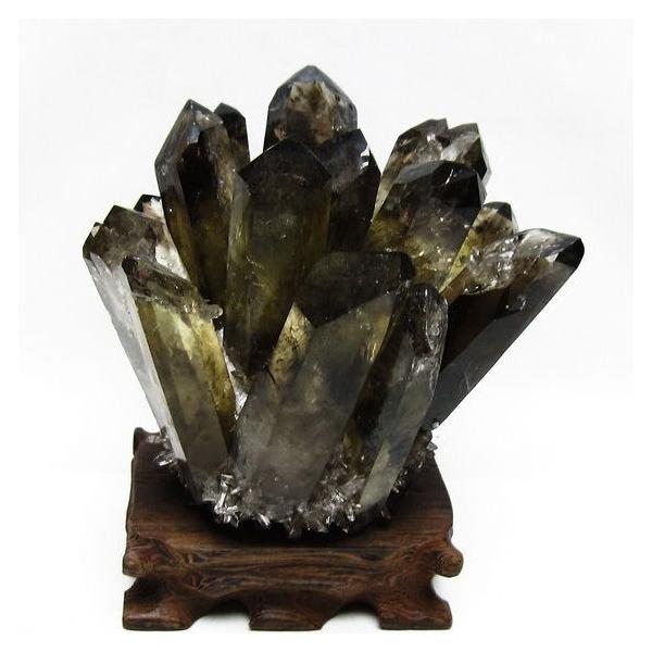 新年セール✨高品質✨ モリオンクラスター 木製台座付き モリオン クラスター 黒水晶 原石 台座付属 一点物 送料無料 182-8427