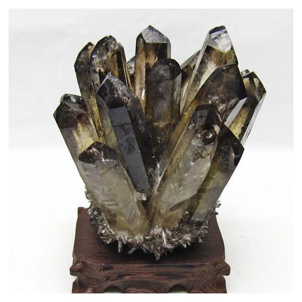新年セール✨高品質✨ モリオンクラスター 木製台座付き モリオン 原石 黒水晶 クラスター 台座付属 一点物 送料無料 182-8711