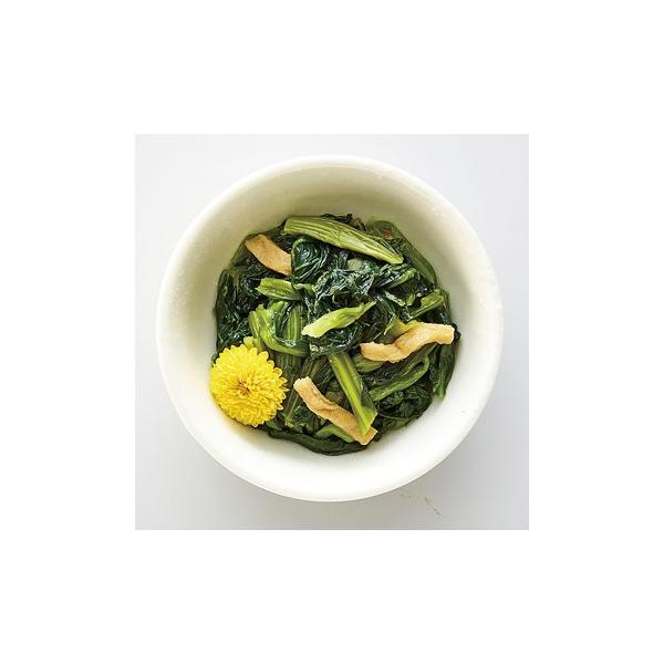◇ポイント：旬の小松菜に油揚げを加え、おひたしに仕上げました。◇最終加工地：中国◇主要原材料：小松菜、油揚げ(大豆(遺伝子組換え不分別))、異性化液糖、しょうゆ(小麦を含む)、みりん、砂糖、食塩、かつおエキス、干しえび、昆布エキス/調味料(...