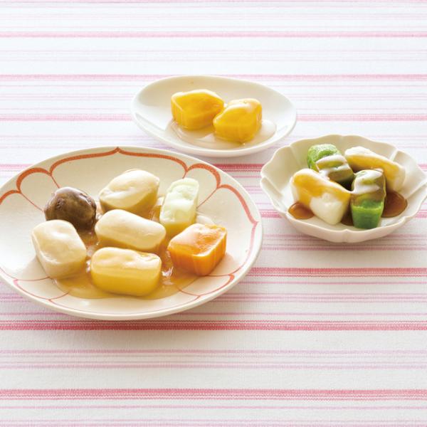 舌でつぶせるかたさのムースを使用したおかずセットです。具材「豚肉、たまご、キャベツ、にんじん、椎茸」、副菜「いんげんのオイスター炒め」「かぼちゃのレモン煮」。◇最終加工地：日本(北海道)◇内容量：1食165g◇調理方法：冷蔵庫内解凍約6時間...