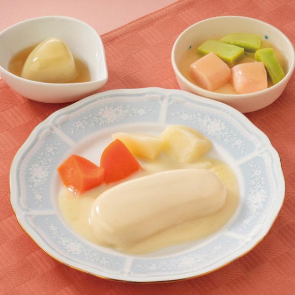 飲み込みが難しい方向け、ムース食冷凍おかずセットです。付け合わせ「じゃがいも、にんじん」、副菜「アスパラとエビの中華あん」「バナナの蜜がけ」。普段のお食事に近い盛付け・美味しさを実現しつつ、飲み込みやすく仕上げました。◇最終加工地：日本(山...